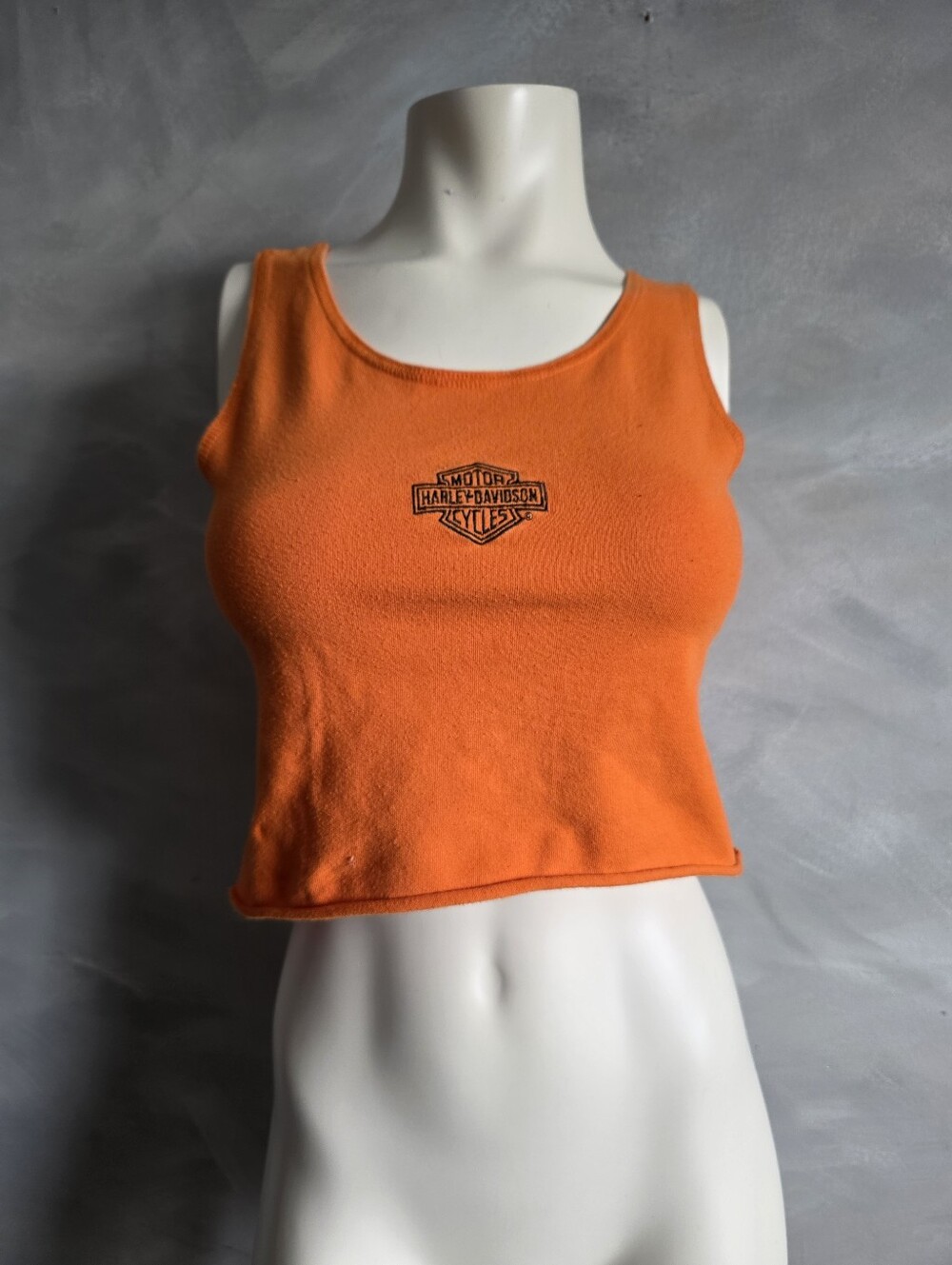 vibrant orange Harley-Davidson cropped tank top S Vtg Biker Logo
